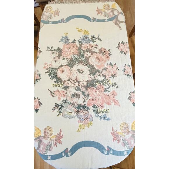 Thick Woven Blanket Tapestry Pink Flowers Floral Angel Cherub Cupid Fringe Cotto - Picture 2 of 16